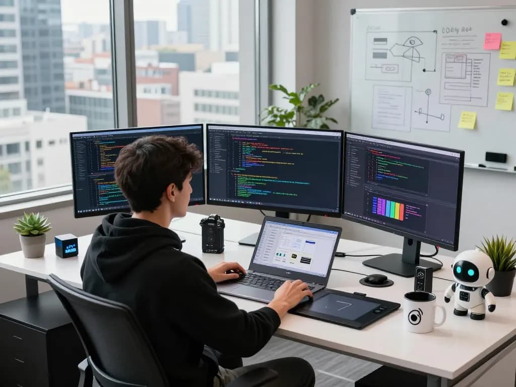 OpenClaw developer coding in a modern tech workspace with multiple screens, highlighting advanced software development.