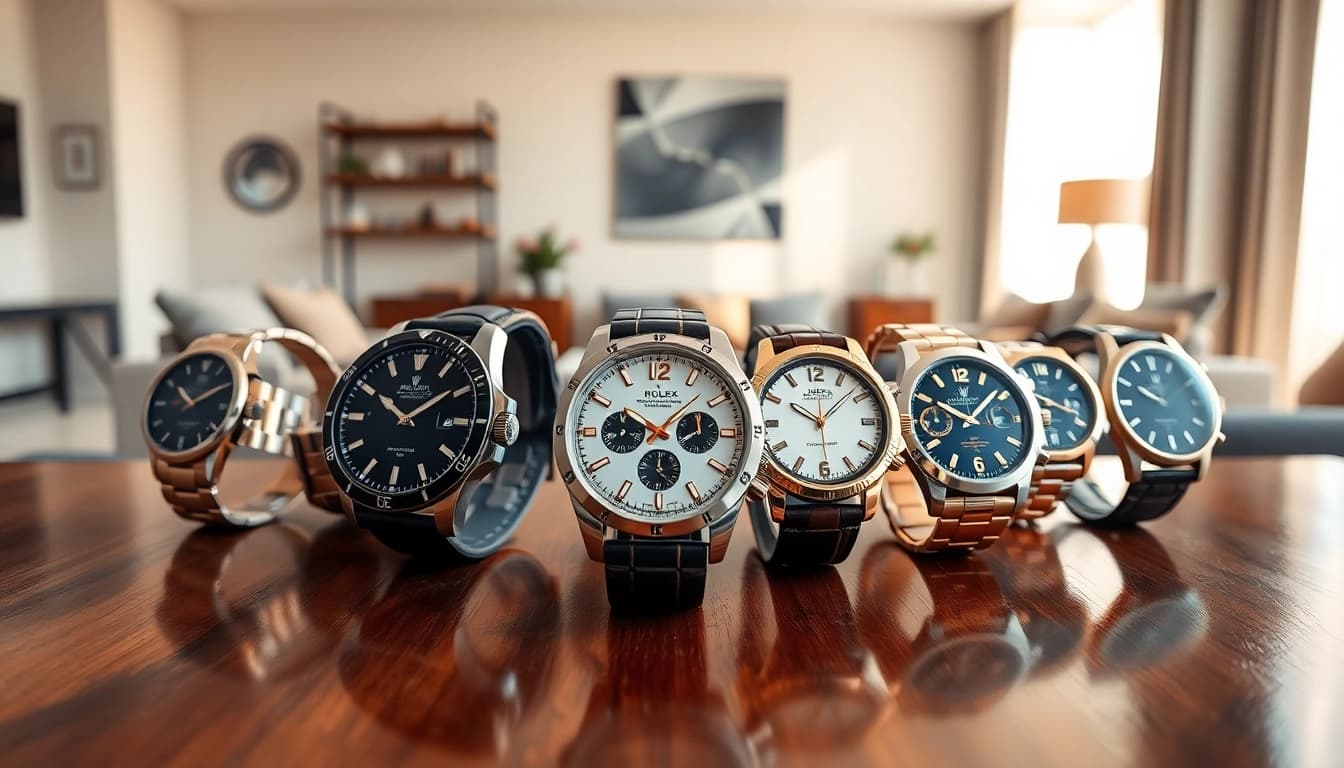 Admire stunning replica watches highlighted on a polished table with warm lighting.