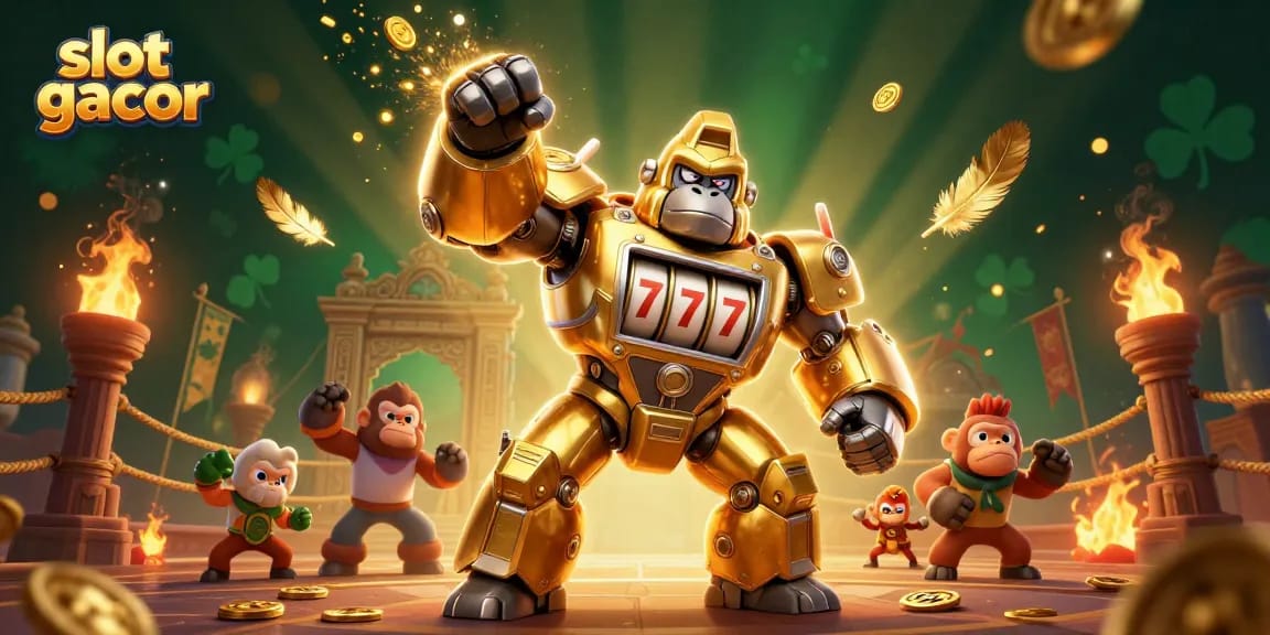 Mainkan slot gacor dengan fitur seru dari karakter gorila emas robot dalam ilustrasi kasino 3D yang kaya.