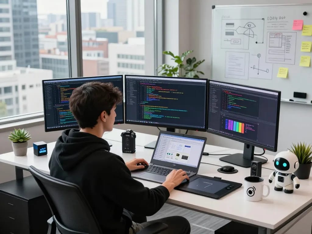 OpenClaw developer coding in a modern tech workspace with multiple screens, highlighting advanced software development.