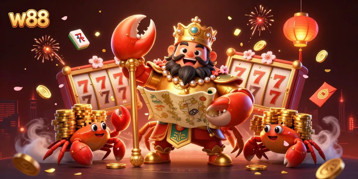 Trải nghiệm W88 tuyệt vời qua slot game với một vị vua cua vàng, cầm bản đồ kho báu, ánh đèn lồng và tiền xu.
