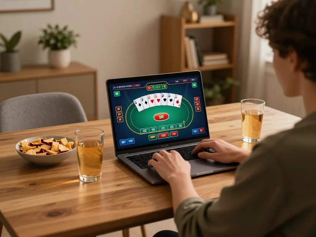 Enjoying online gaming at home in casinos not on gamstop, highlighting engaging poker gameplay.