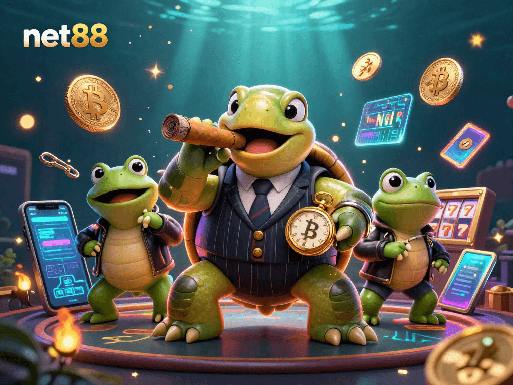 Engage with net88 at the vibrant casino scene featuring a mobster turtle and crypto themes.