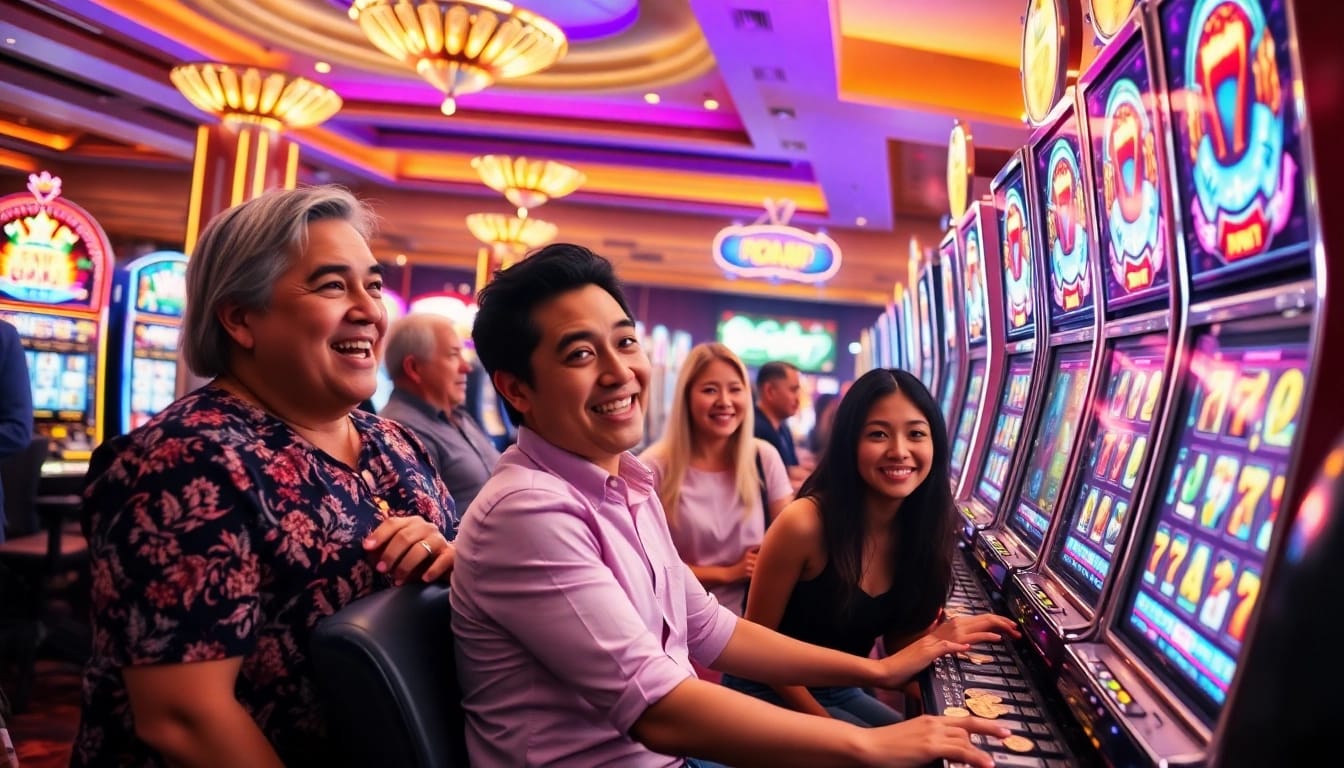 Players enjoying exciting slot games in a luxurious casino with colorful machines.