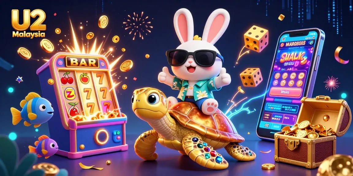 U2 Malaysia features a playful lucky rabbit and golden turtle amidst dynamic casino elements.