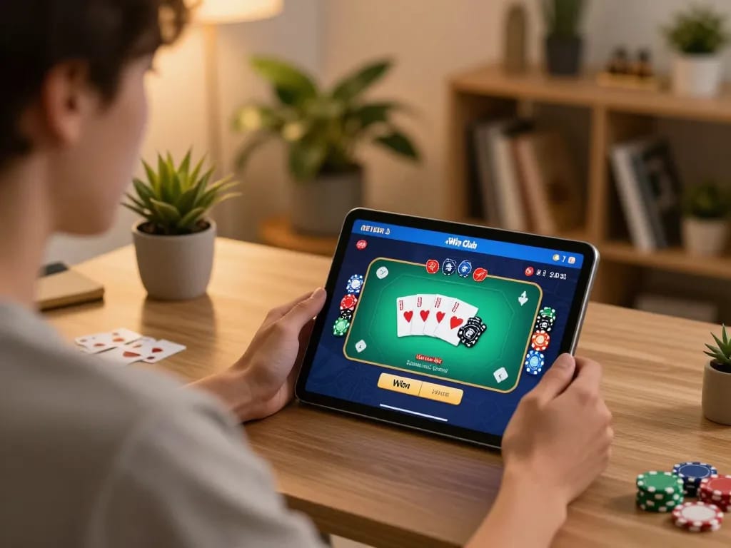Playing the iWin Club poker game on a tablet in a cozy home office