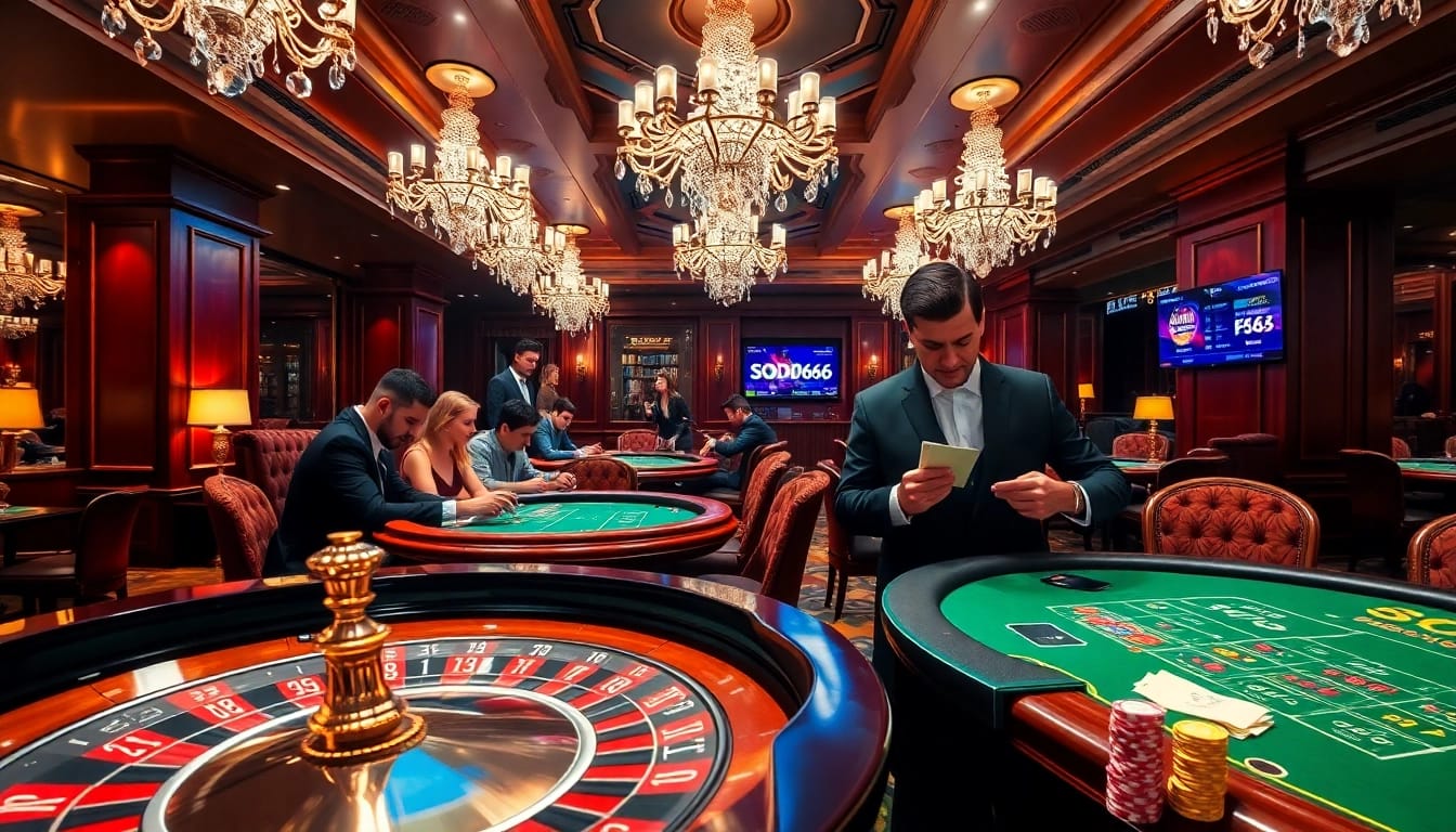 Experience the thrill of betting at SODO66 with vibrant casino scenes and excited players.