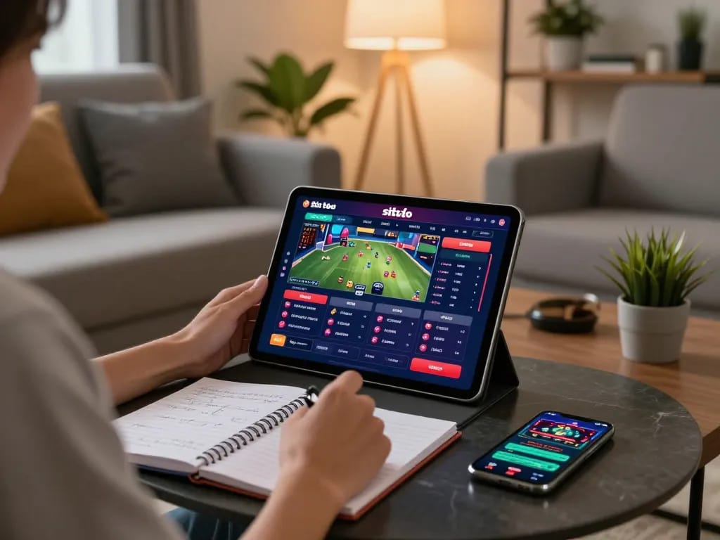 pengalaman taruhan situs toto online ditampilkan di tablet, menunjukkan opsi permainan dan catatan strategis