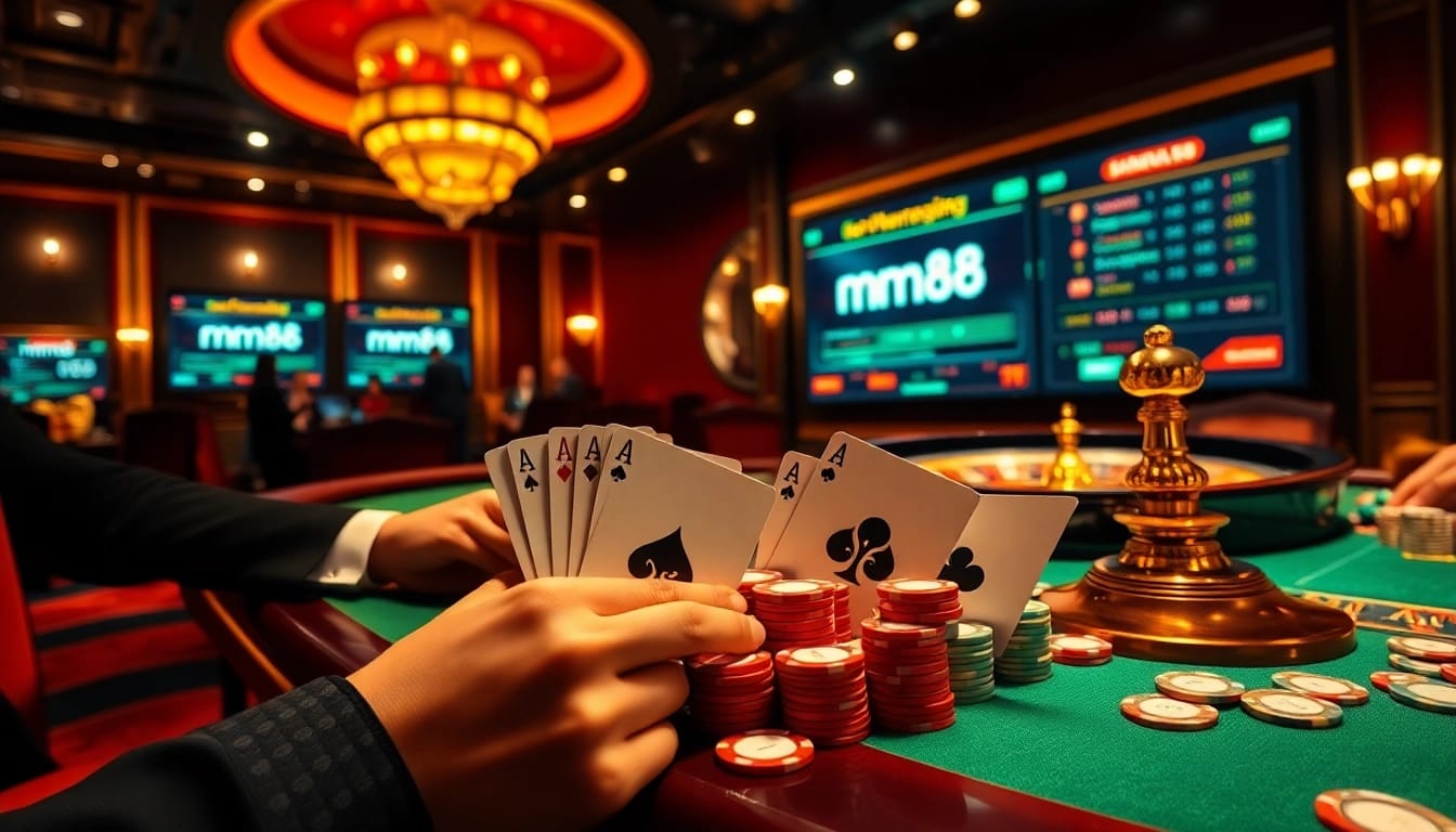 Experience the thrill of mm88 with players at a high-stakes poker table in a luxurious casino setting.