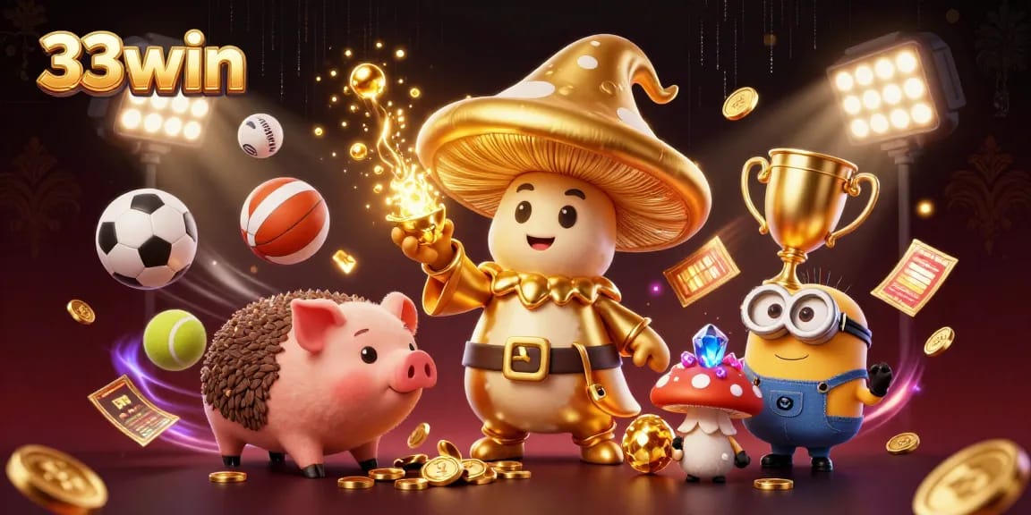 Experience the excitement of 33win with dynamic casino characters and vibrant gaming elements in an action-packed scene.