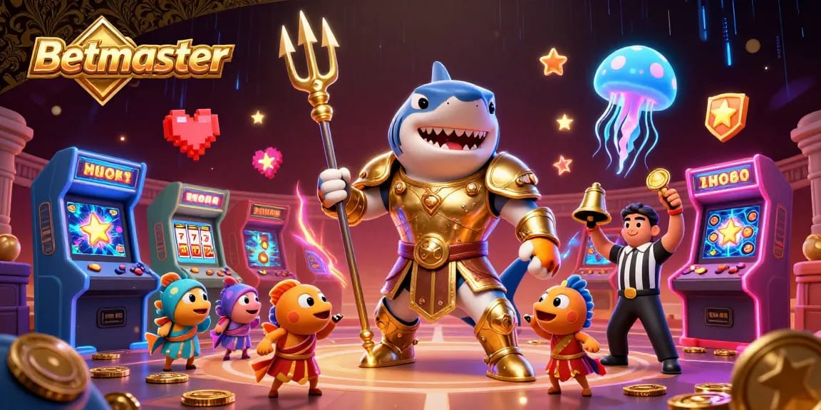 Experience the thrill of betting at Betmaster with our vibrant casino-themed illustration featuring a tiger shark gladiator.