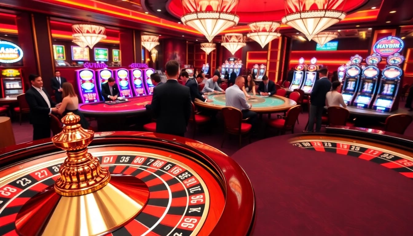 Players immerse in exciting casino action at hay88 with vibrant tables and roulette wheels.