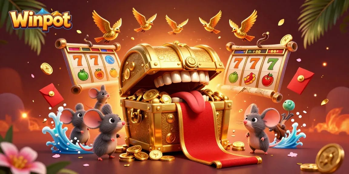 Winpot's thrilling slots and jackpot treasures captivate adventurer mice in an engaging casino scene.