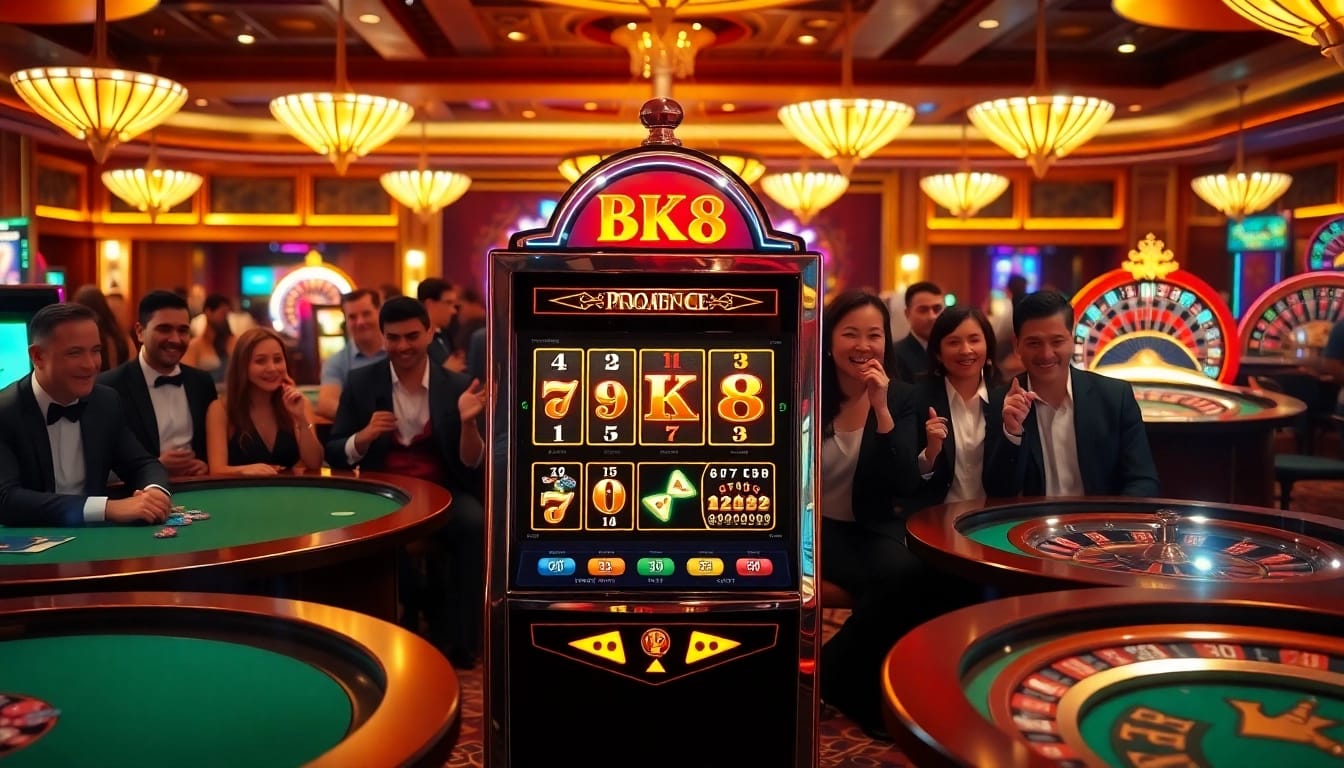 Exciting gameplay at BK8 สล็อต slot machine with vibrant lights and attentive players.