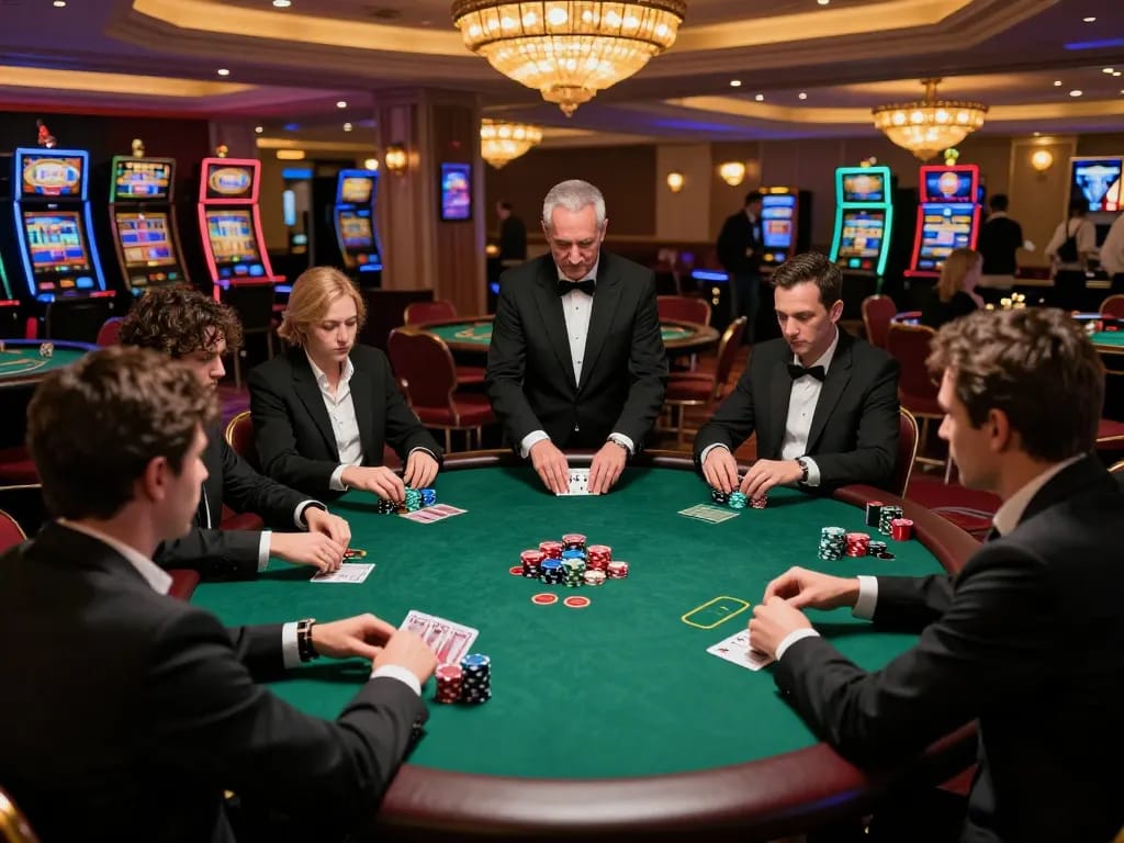 33win poker players engaging in strategic bets at an upscale casino table.