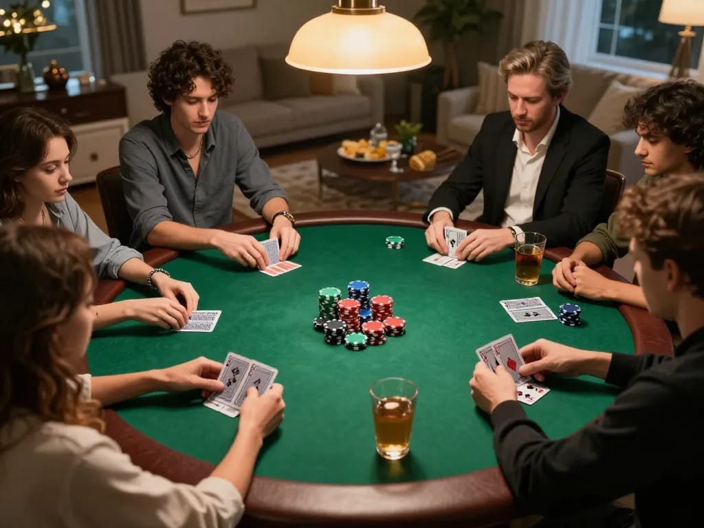 Engaging scene of ok365 đăng nhập for home poker night with friends, showcasing gameplay action and snacks.