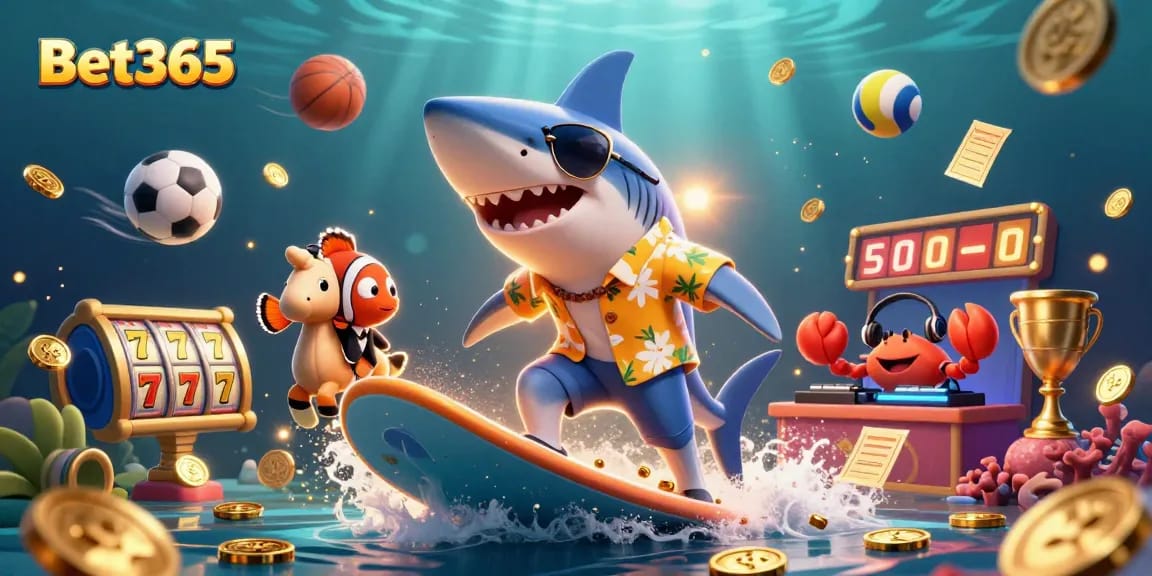 Bet365 players engaging with an ultra-detailed 3D casino illustration featuring a lively scene of characters surrounded by spinning slots and dynamic sports elements.