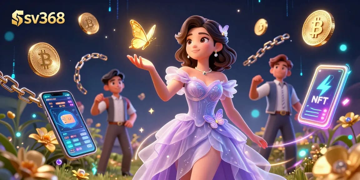 Win big at sv368 with stunning casino-themed illustration featuring an enchanting girl and crypto elements.