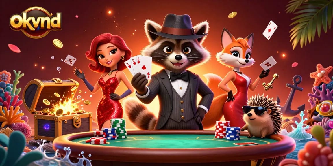 Experience excitement with okvnd as a raccoon deals a royal flush at a vibrant poker table.