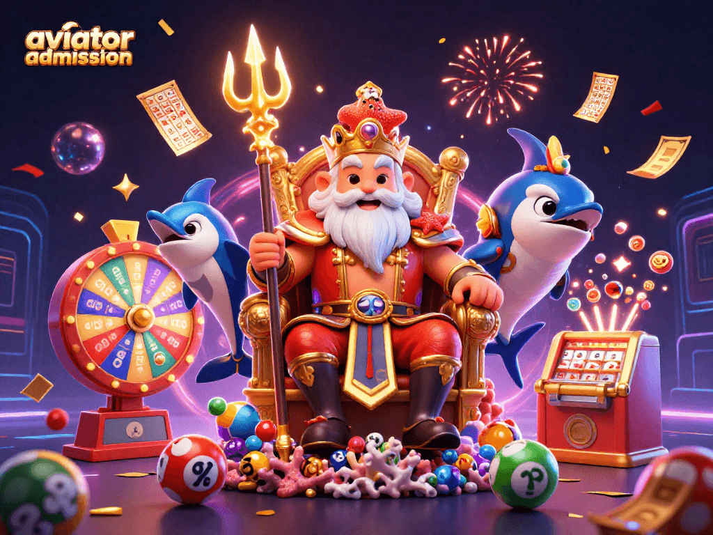 Aviator admission game illustration showcasing festive 3D characters and dynamic elements in a casino scene.