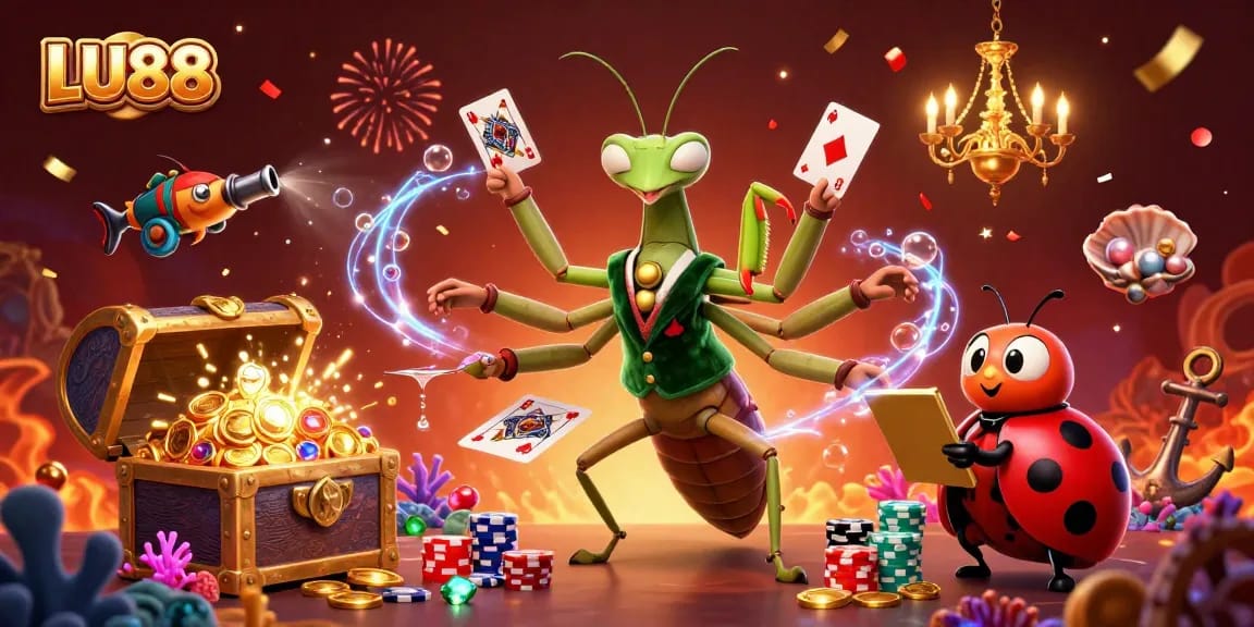 Join LU88's vibrant casino scene with animated characters dealing cards and celebrating, highlighting thrilling gaming action.