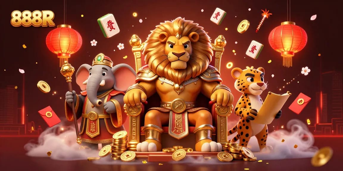 Engage with 888R in a vibrant casino setting featuring majestic characters.
