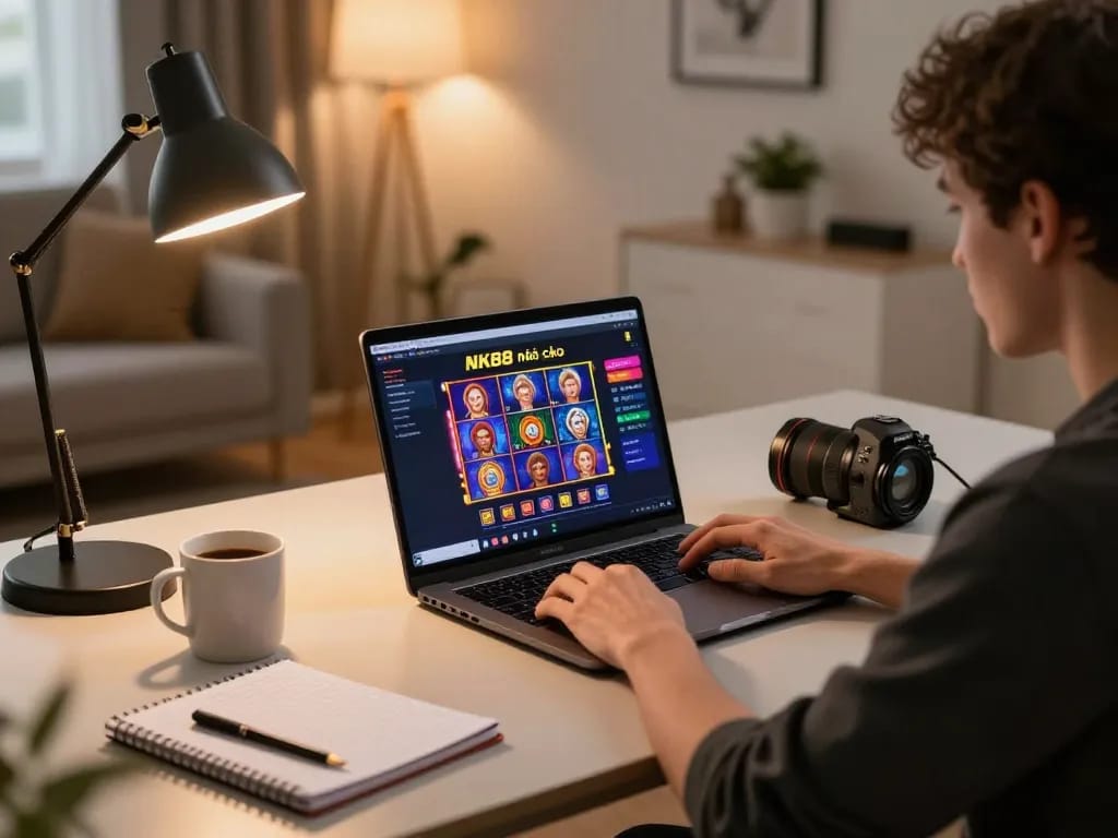 Player engaging with NK88 nhà cái interface on a laptop, showcasing online gaming strategy.