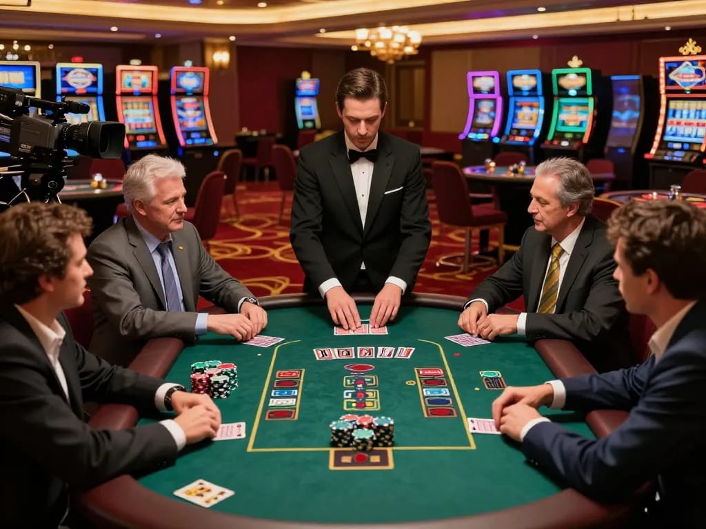 Engaging game of blackjack at the upscale casino, showcasing intense players and dealer action for gameradar enthusiasts.