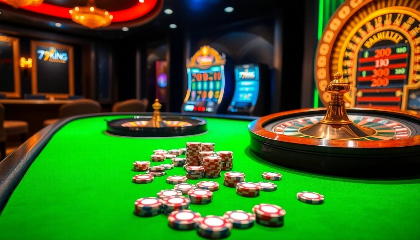 Engaged players enjoying high-stakes action at 79king casino tables with vibrant poker chips.