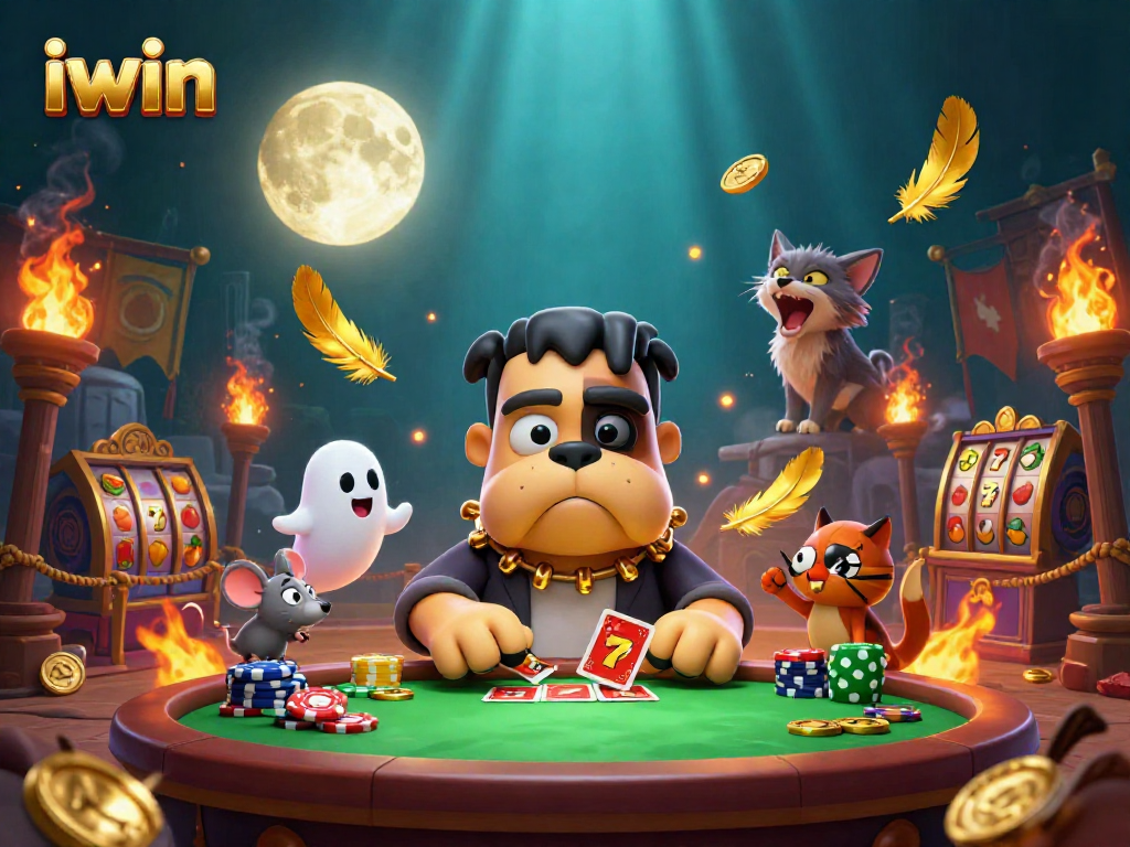 Engage in thrilling iwin gaming with a mischievous bulldog and eerie atmosphere.