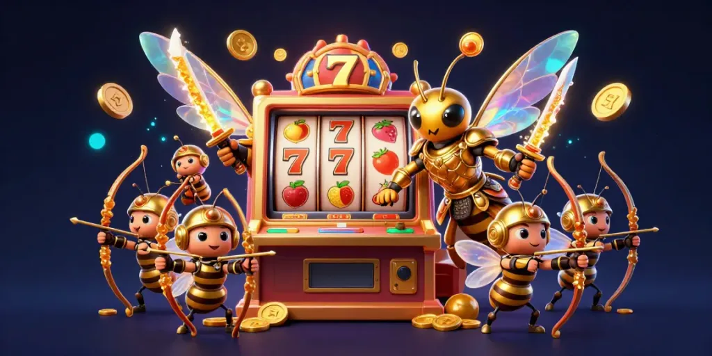 Engage with the vibrantสล็อต scene featuring a golden slot machine among dynamic 3D characters and casino elements.