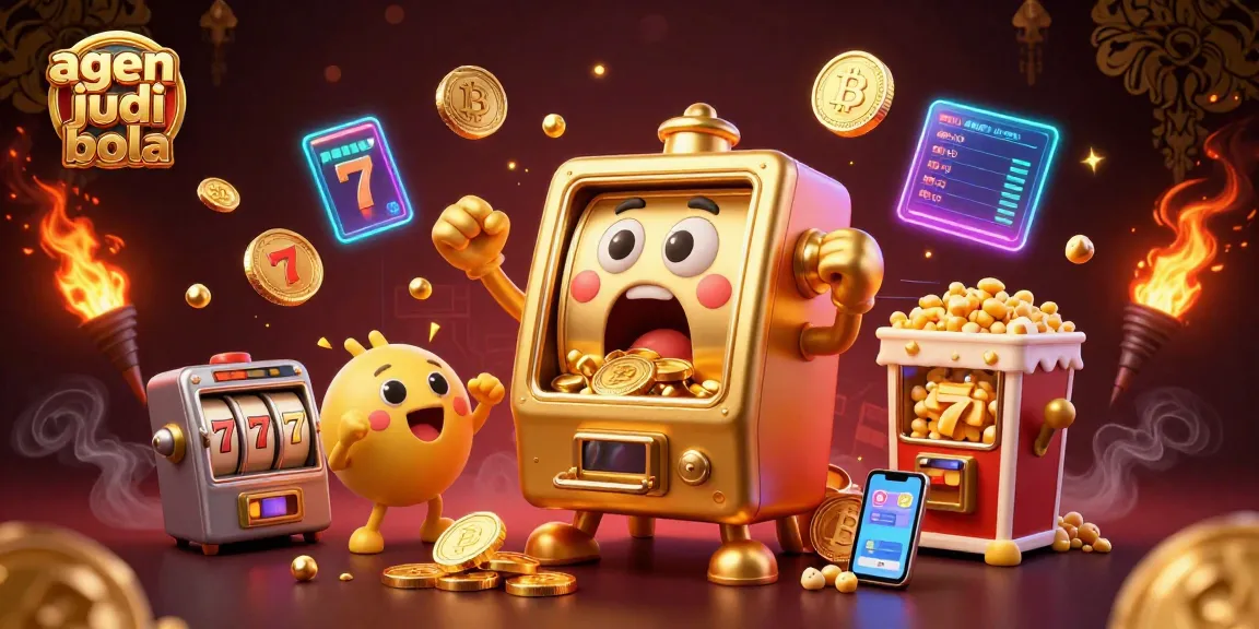 Experience thrilling jackpots with agen judi bola as vibrant slot machines and crypto coins dynamically fill the scene.