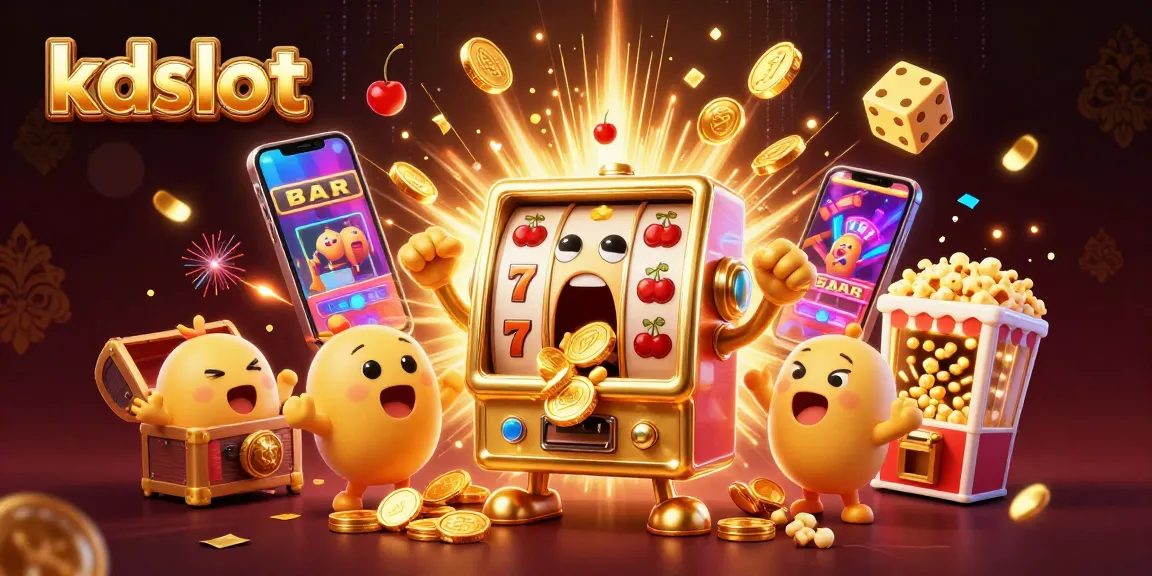 Experience the thrilling kdslot jackpot as golden coins burst from a lively cartoon slot machine surrounded by dynamic casino elements.