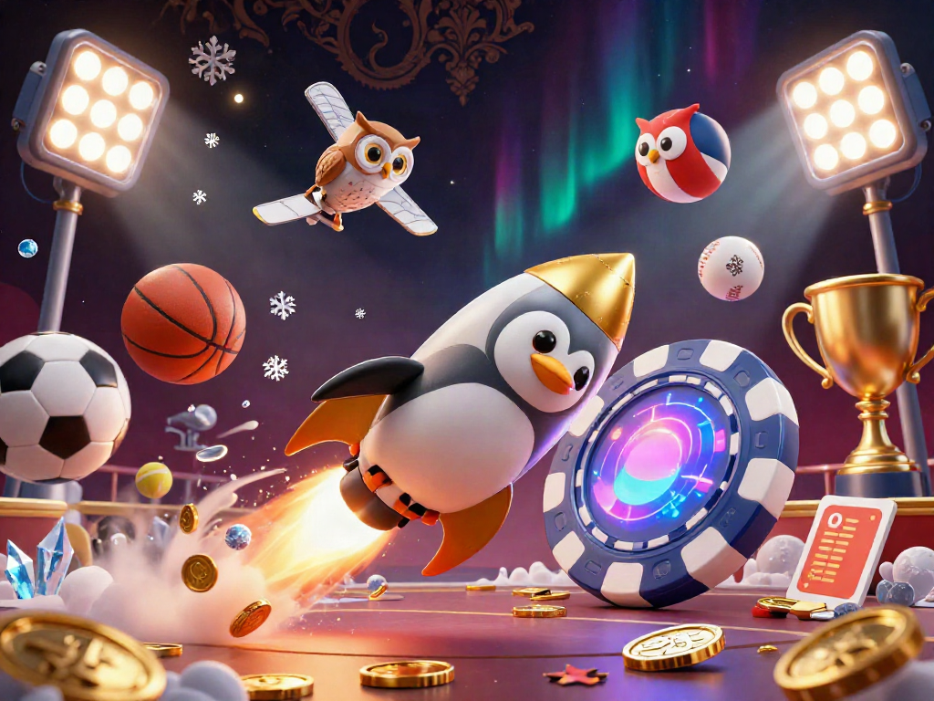Experience thrilling toto togel action as a golden penguin rockets toward a casino space station.