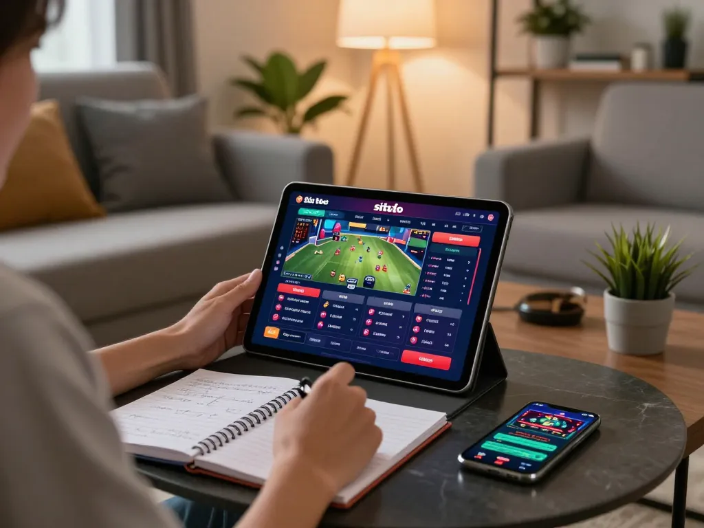 pengalaman taruhan situs toto online ditampilkan di tablet, menunjukkan opsi permainan dan catatan strategis