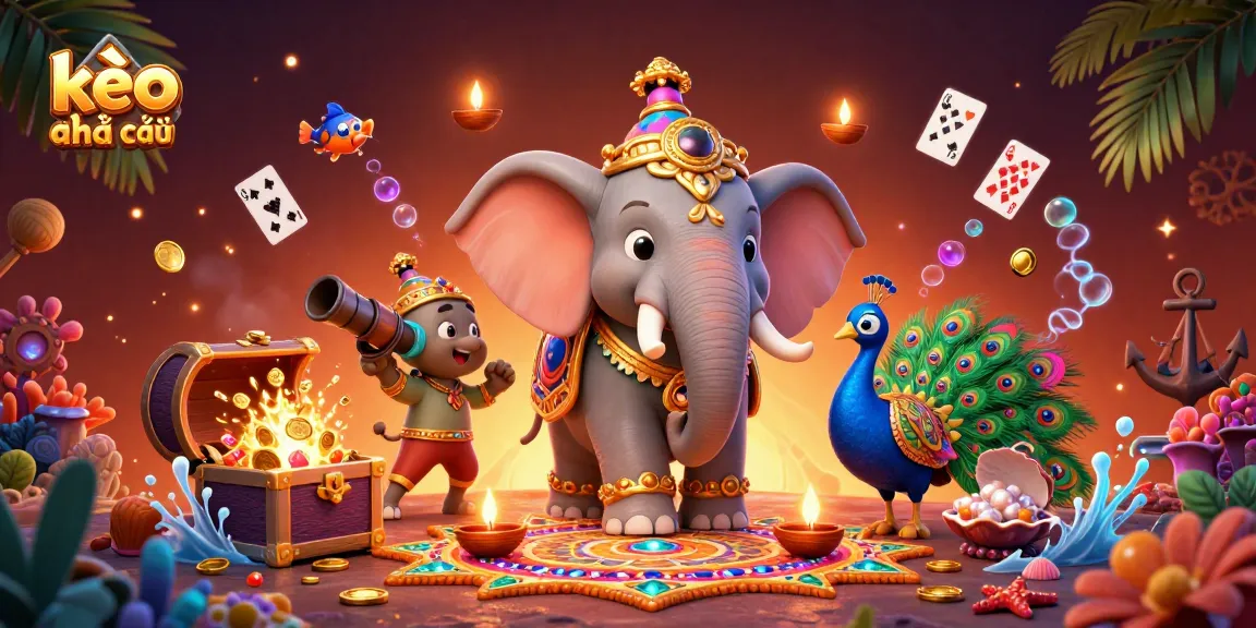 Engage with kèo nhà cái through a vibrant, intricately detailed 3D scene of a festive elephant and peacock
