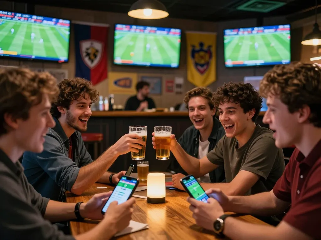 Kèo bóng đá trực tuyến being tracked on mobile apps by sports fans in an energetic bar environment.