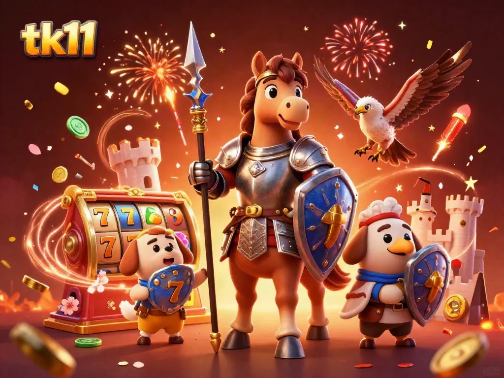 Engage with the thrilling tk11 casino scene featuring knights, slot reels, and festive elements.