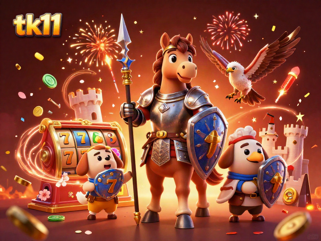 Engage with the thrilling tk11 casino scene featuring knights, slot reels, and festive elements.