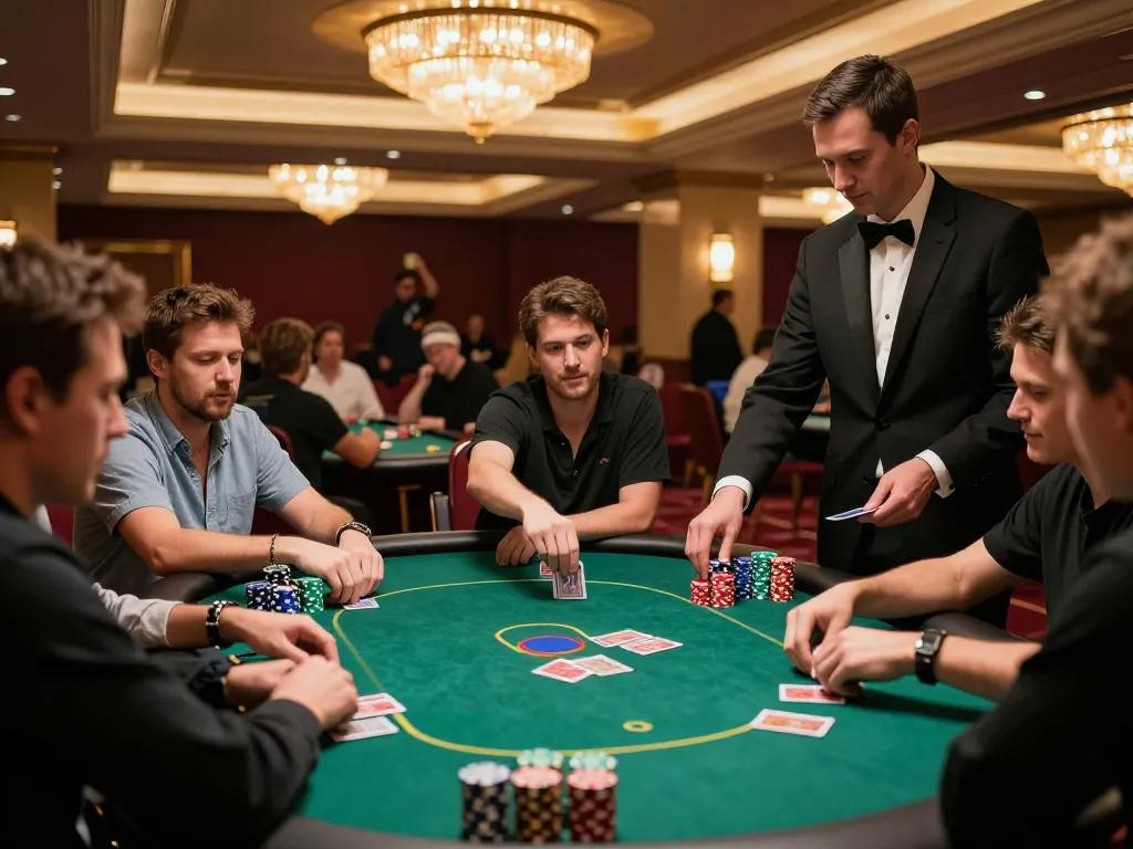 Engaged players at nagapoker table strategizing their moves in a luxurious casino setting