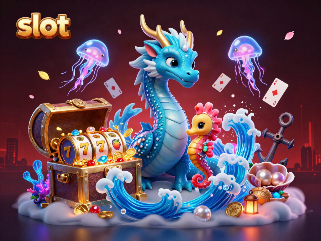 Engaging slot scene featuring a water dragon, seahorse knight, and glowing jellyfish among casino elements.