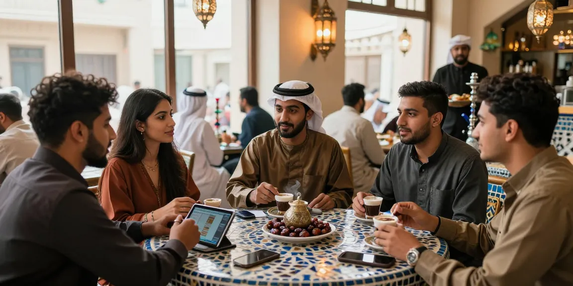 Engaging social atmosphere at شات الرياض with friends sharing traditional coffee.