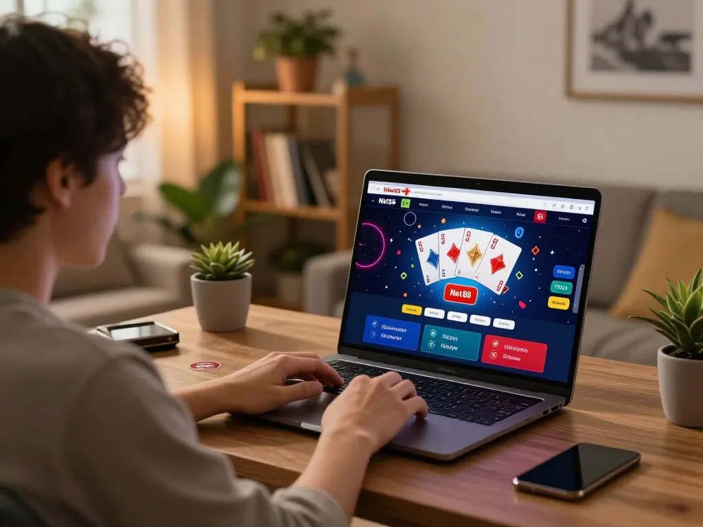 Engaging in online blackjack at nhà cái Net88 with colorful graphics and a cozy home setup.