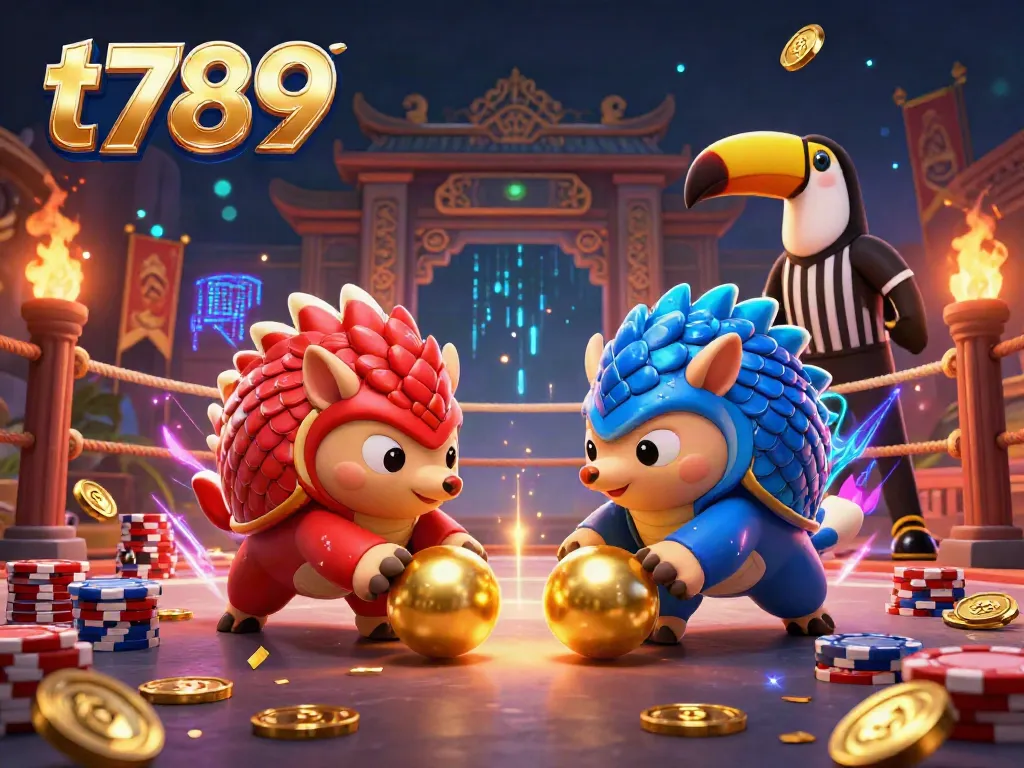 Witness an energetic t789 gambling duel with rival pangolins rolling gold in an exciting casino setting.