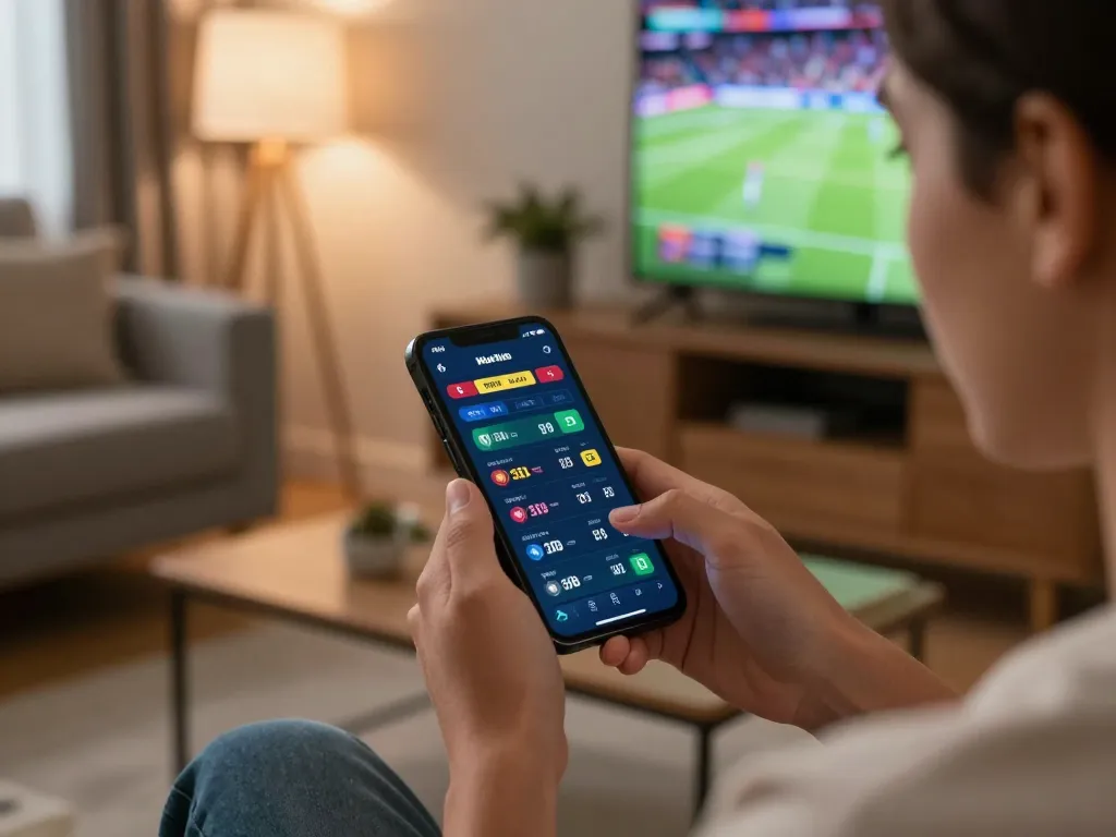 Excited player engaging in GO8 sports betting on smartphone, analyzing live odds.
