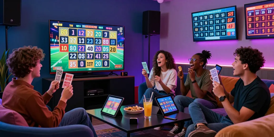 Group of friends excitedly watching a live 4D lottery draw in a modern gaming lounge.