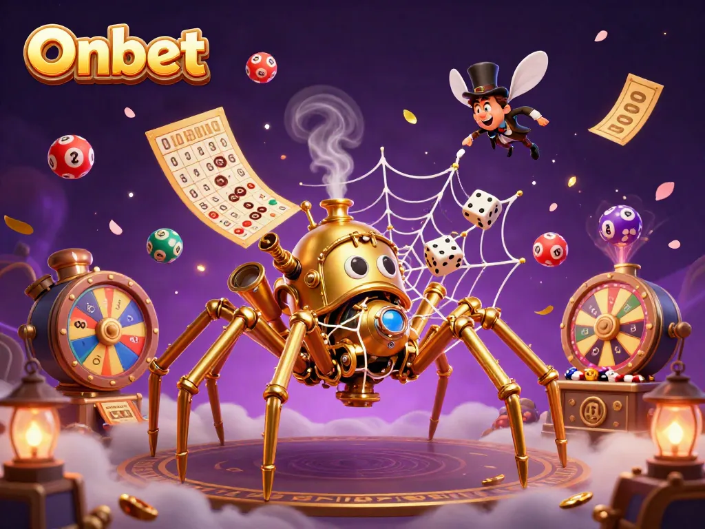 Engage in exciting luck with Onbet's unique steampunk-themed casino illustration filled with vibrant gambling elements.