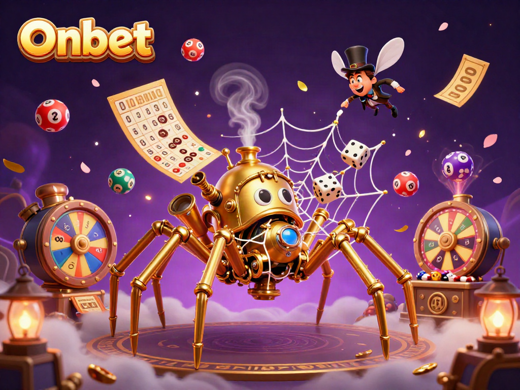 Engage in exciting luck with Onbet's unique steampunk-themed casino illustration filled with vibrant gambling elements.