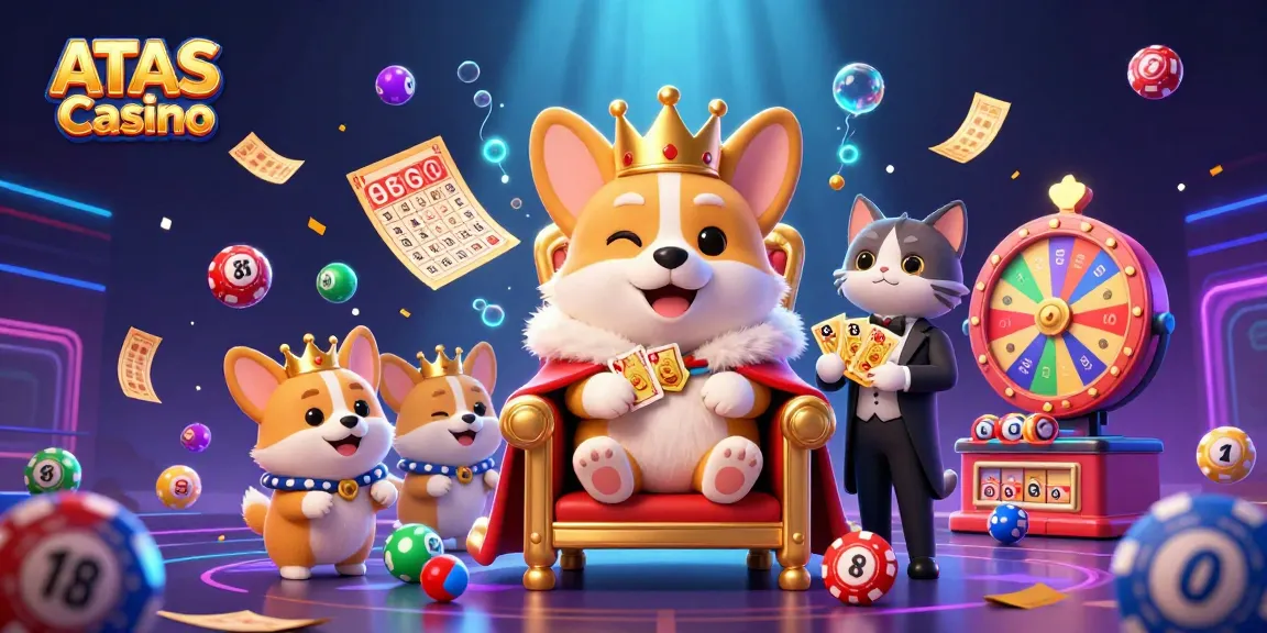 Experience the thrill of ATAS Casino with vibrant lottery elements amidst a royal corgi scene.