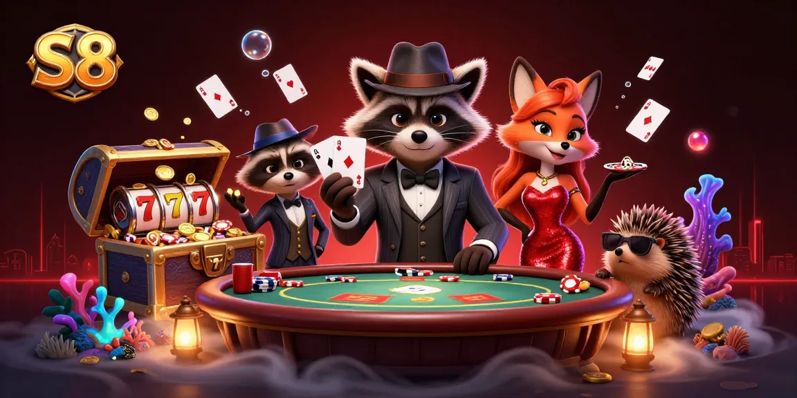 S8 showcases a vibrant casino scene featuring a suave raccoon in a pinstripe suit, charming fox lady, and hedgehog bouncer with poker elements.